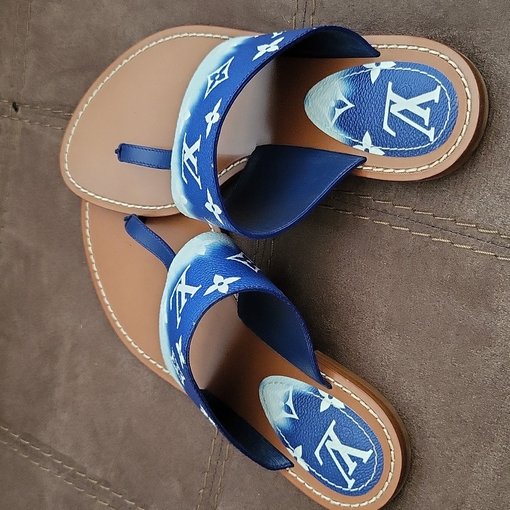 Louis Vuitton Blue Escale Monogram Slide Flats Flip Flop Size 38 Lock It Mules - Picture 4 of 5